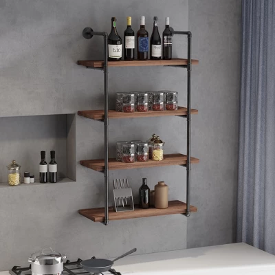 HOMCOM 4-Tier Industrial Pipe Shelves Floating Wall Mounted Bookshelf, Metal Frame Display Rack, 1.25" Thickness Shelving Unit Kitchen, Bar, Brown 4 HOMCOM 4-Tier Industrial Pipe Shelves Floating Wall Mounted Bookshelf, Metal Frame Display Rack, 1.25" Thickness Shelving Unit Kitchen, Bar, Brown - Image 2