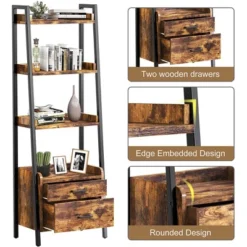 Fabato Bookshelf Bookcase W/Ladder Shelves, Metal Frame, & 2 Organizing Drawers For Living Room, Office, Or Bedroom