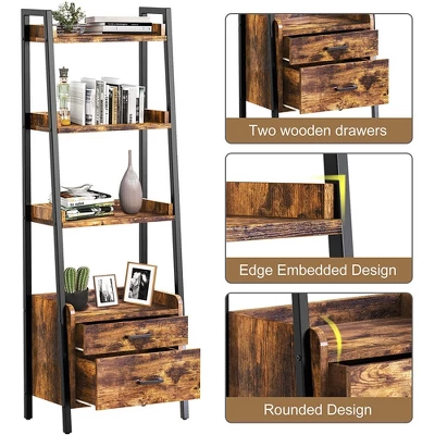 Fabato Bookshelf Bookcase W/Ladder Shelves, Metal Frame, & 2 Organizing Drawers For Living Room, Office, Or Bedroom 3 Fabato Bookshelf Bookcase W/Ladder Shelves, Metal Frame, & 2 Organizing Drawers For Living Room, Office, Or Bedroom