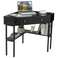 Costway Corner Computer Desk Writing Workstation Study Desk W/ 2 Drawers WhiteBlackGold -Smart Office Sets GUEST 0fb071c1 f7ce 45f7 96b4 6cd1c5d5d81a