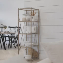 Merrick Lane 64" Modern Bookshelf Glass 4-Shelf Bookcase With Powder Coated Matte Gold Cross Braced Frame -Smart Office Sets GUEST 10b19aa2 ed5d 4313 8b72 5eae4574ccaa