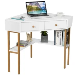 Costway Corner Computer Desk Writing Workstation Study Desk W/ 2 Drawers WhiteBlackGold -Smart Office Sets GUEST 1630d8f9 51d0 4f1a b1b5 8f84990f5918