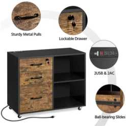 Yaheetech 3-Drawer Vintage File Cabinet With Socket And USB Charging Port Black/Rustic Brown -Smart Office Sets GUEST 2010b4a7 4275 459e bc37 b9696becfb46