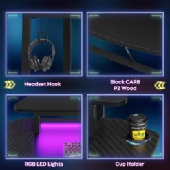 Bestier 63” Gaming Desk With LED Light & Monitor Stand, Computer Desk With Cup Holder & Headset Hook, Modern Gamer Workstation For Home Office, Black