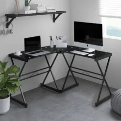 L Shaped Glass Computer Desk Black - Techni Mobili -Smart Office Sets GUEST 220421c6 401d 4992 9523 a43433315339
