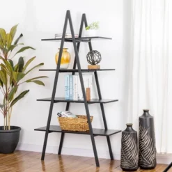 65" 4 Tier Metal And Wooden Leaning Bookcases And Ladder Shelves - Glitzhome
