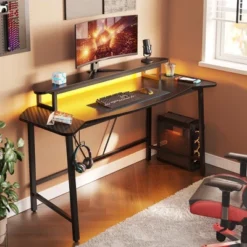 Bestier 63” Gaming Desk With LED Light & Monitor Stand, Computer Desk With Cup Holder & Headset Hook, Modern Gamer Workstation For Home Office, Black -Smart Office Sets GUEST 296cc9f8 8e77 45e2 8835 c2a63056cdc3