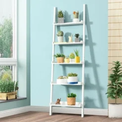 Costway Versatile White 5-Tier Bookshelf Leaning Wall Shelf Ladder Bookcase Storage Display Furni -Smart Office Sets GUEST 29a20adb 3149 41af a4e8 07d8ce030ab6