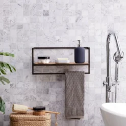 17" X 7.9" Floating Industrial Wood Wall Shelf With Metal Towel Bar Black - Danya B. -Smart Office Sets GUEST 2aec064d 1061 49e1 a3b8 6faeba9b6980