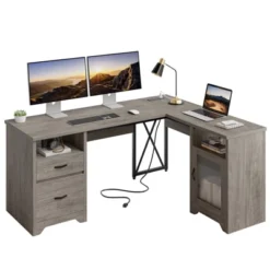 Bestier Farmhouse L Shaped Desk With Drawers, 63" Office Computer Corner Desk With Charging Station,Cabinet & Modesty Panel For Home Office -Smart Office Sets GUEST 2b7455be 7742 4e89 8b84 a74736fea32b