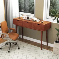 Costway Writing Desk 48" Computer Desk Mid Century Modern Work Table With 3 Drawers 13 Costway Writing Desk 48" Computer Desk Mid Century Modern Work Table With 3 Drawers -Smart Office Sets GUEST 309b516c 1231 4a4f bc07 cc7ee9df338e