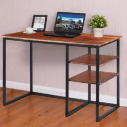 45" Tubular Metal Frame Desk With Wooden Top And 2 Side Shelves Brown/Black - The Urban Port -Smart Office Sets GUEST 3274ca4c 010c 4e51 a0c7 f19712f7e679
