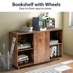 Tangkula 3-Tier Wood Bookcase 6 Cube Bookshelf W/ Door Wheels Display Cabinet -Smart Office Sets GUEST 349b214d 9bdd 48dc 9f5b b5efa952e043