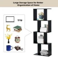 Costway 4-tier S-Shaped Bookcase Free Standing Storage Rack Wooden Display Decor Black -Smart Office Sets GUEST 35baf083 1c3e 427b 932c ebe8db5d0213