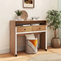 Costway 39.5" Expandable Rolling Computer Desk With Monitor Shelf 2-tier Desktop 2 Drawers