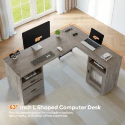 Bestier Farmhouse L Shaped Desk With Drawers, 63" Office Computer Corner Desk With Charging Station,Cabinet & Modesty Panel For Home Office