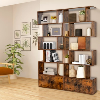 Tangkula 2 PCS Bookshelf W/ Cabinet 6-Tier S-Shaped Bookcase Storage Rack Rustic Brown 3 Tangkula 2 PCS Bookshelf W/ Cabinet 6-Tier S-Shaped Bookcase Storage Rack Rustic Brown