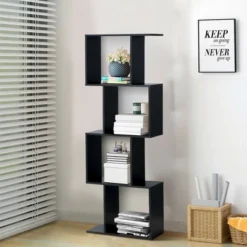 Costway 4-tier S-Shaped Bookcase Free Standing Storage Rack Wooden Display Decor Black -Smart Office Sets GUEST 4dd00fa5 a83c 4859 aee2 cb8e790a18bd