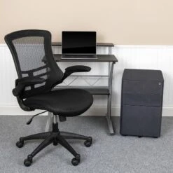 Flash Furniture Work From Home Kit - Black Computer Desk, Ergonomic Mesh Office Chair And Locking Mobile Filing Cabinet With Side Handles