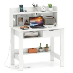 Costway Computer Desk With Power Outlets And USB Ports & Type-C Hutch Open Shelf Drawer Black/White -Smart Office Sets GUEST 588a84d5 dddd 4c88 a908 7a1e1e31a8fa