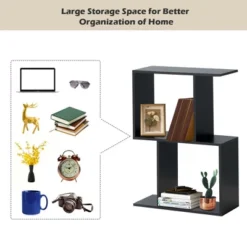 Costway 2-tier S-Shaped Bookcase Free Standing Storage Rack Wooden Display Decor Black -Smart Office Sets GUEST 6382e0ea 7ca6 41cf bd78 324deaa350ae
