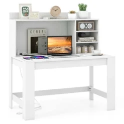 Costway Computer Desk With Hutch 2 Power Outlets USB & Type-c Charging Ports 3 Shelves White/Black -Smart Office Sets GUEST 69638740 5815 4495 a50e 240d260f4766