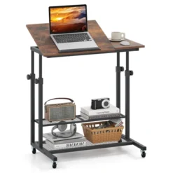Costway Mobile Stand Up Desk With Tilting Tabletop Storage Shelves Wheels For Living Room Gray/Brown -Smart Office Sets GUEST 69b79ae9 fdcf 4782 a732 3d87be5b4d35