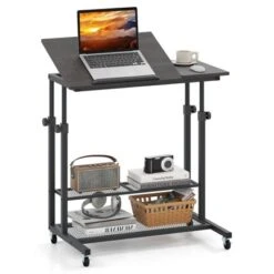 Costway Mobile Stand Up Desk With Tilting Tabletop Storage Shelves Wheels For Living Room Gray/Brown -Smart Office Sets GUEST 70c49a0a 2a12 4f71 a891 6b73c11fb24d