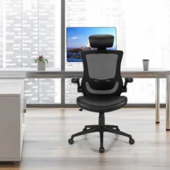 Costway Mesh Back Adjustable Swivel Office Chair W/ Flip Up Arms Leather Seat -Smart Office Sets GUEST 79310507 37da 4c66 9513 12ee0967a579