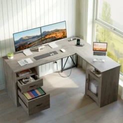Bestier Farmhouse L Shaped Desk With Drawers, 63" Office Computer Corner Desk With Charging Station,Cabinet & Modesty Panel For Home Office -Smart Office Sets GUEST 7d11ee2f 5e31 4171 8001 1fef584f0195