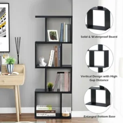 Costway 4-tier S-Shaped Bookcase Free Standing Storage Rack Wooden Display Decor Black -Smart Office Sets GUEST 7fcbee17 c987 4512 b37e 63a9bf728f43