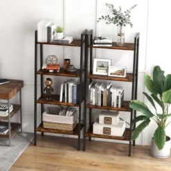 Costway 4-Tier Bookshelf Industrial Display Storage Shelf Plant Flower Stand Metal Frame Brown/Gray -Smart Office Sets GUEST 833d2e3d 9e00 46eb 86ba 58721dc28b43