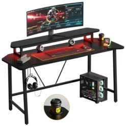 Bestier 63” Gaming Desk With LED Light & Monitor Stand, Computer Desk With Cup Holder & Headset Hook, Modern Gamer Workstation For Home Office, Black -Smart Office Sets GUEST 85aeca6b d91d 4577 9f4a 2874eb7c89a4