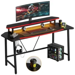 Bestier 63” Gaming Desk With LED Light & Monitor Stand, Computer Desk With Cup Holder & Headset Hook, Modern Gamer Workstation For Home Office, Black -Smart Office Sets GUEST 880a4049 163e 4e65 822d 53bac28591d4