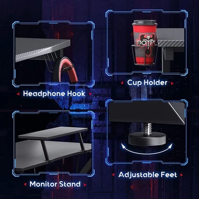 MOTPK Carbon Fiber Computer Gaming Desk With Raised Monitor Shelf, Built In Cup Holder, Headphone Hook, And Sturdy Y-Shaped Metal Frame 6 MOTPK Carbon Fiber Computer Gaming Desk With Raised Monitor Shelf, Built In Cup Holder, Headphone Hook, And Sturdy Y-Shaped Metal Frame - Image 4