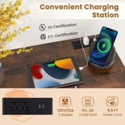 Costway 60" Modern Computer Desk With Charging Station With Storage Bag & Headphone Hook Borwn -Smart Office Sets GUEST 8cb3d2d4 26d7 4eef b924 351eab05112d