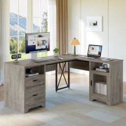 Bestier Farmhouse L Shaped Desk With Drawers, 63" Office Computer Corner Desk With Charging Station,Cabinet & Modesty Panel For Home Office -Smart Office Sets GUEST 97155af3 4a65 40f6 bd9b d0e7ee030938