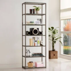 77.75" Contemporary 6 Shelf Bookcase With Glass Shelves Black Nickel - Coaster