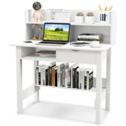 Costway Computer Desk With Power Outlets And USB Ports & Type-C Hutch Open Shelf Drawer Black/White -Smart Office Sets GUEST 9edd37ed b078 4a86 88c2 bae42b469c4f
