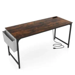 Costway 60" Modern Computer Desk With Charging Station With Storage Bag & Headphone Hook Borwn -Smart Office Sets GUEST 9f146d3a 5e58 4570 b0c4 0607df660865