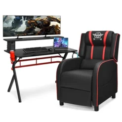 Costway Gaming Desk & Chair Set 48'' Computer Desk & Massage Recliner Chair Black + White/Blue/Pink/Red -Smart Office Sets GUEST b11fe97e 9b27 4d94 8d7d b86241673d04