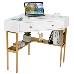 Costway Corner Computer Desk Writing Workstation Study Desk W/ 2 Drawers WhiteBlackGold -Smart Office Sets GUEST b619d09f 74c2 4218 9588 52d0a13a5e5b