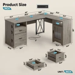 Bestier Farmhouse L Shaped Desk With Drawers, 63" Office Computer Corner Desk With Charging Station,Cabinet & Modesty Panel For Home Office -Smart Office Sets GUEST b7bdd08b 6951 4e92 8925 4fba1dd7b152
