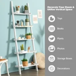 Costway Versatile White 5-Tier Bookshelf Leaning Wall Shelf Ladder Bookcase Storage Display Furni -Smart Office Sets GUEST b9b14e35 55b3 49ff 958e b59e707294fd