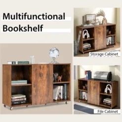 Tangkula 3-Tier Wood Bookcase 6 Cube Bookshelf W/ Door Wheels Display Cabinet -Smart Office Sets GUEST be64b64e 4c49 4bd7 a6a2 c306793d1852