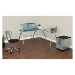 Futura L-Shaped Desk With Adjustable Top - Silver/Blue Glass -Smart Office Sets GUEST c5b676f0 e65b 4905 8881 14b8862fb43f