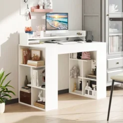 Costway 43" Home Office Desk With Power Outlets Monitor Shelf Bookshelf & Cable Hole -Smart Office Sets GUEST c8e31c3b 533c 471e a59d eb23574e13b2