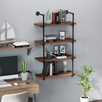 HOMCOM 4-Tier Industrial Pipe Shelves Floating Wall Mounted Bookshelf, Metal Frame Display Rack, 1.25" Thickness Shelving Unit Kitchen, Bar, Brown 3 HOMCOM 4-Tier Industrial Pipe Shelves Floating Wall Mounted Bookshelf, Metal Frame Display Rack, 1.25" Thickness Shelving Unit Kitchen, Bar, Brown