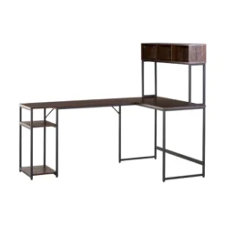 HOMCOM L-Shaped Home Office Desk With Bottom Tower Shelf, 3 Cube Shelves, Computer Writing Desk With Metal Frame, Walnut Brown -Smart Office Sets GUEST d669fd5f cdec 45e0 9258 3c98f83e85f4