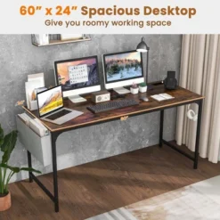 Costway 60" Modern Computer Desk With Charging Station With Storage Bag & Headphone Hook Borwn -Smart Office Sets GUEST d9ffd8ba fec1 4002 b8ee 72fc38323ac2